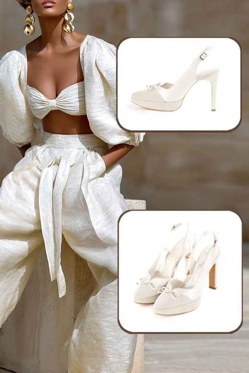 Dress slingback bow heels in off white and pure white leather with high slim heels with a platform at the front and tapered toe - Worn view